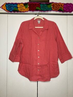 Chico's Size 2 Large Coral Button-Front 100% Linen Shirt 3/4 Sleeve Coastal